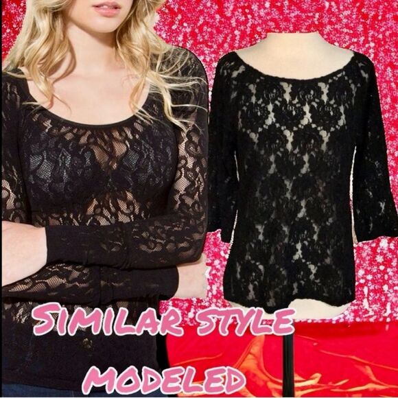 Boho Black Floral Lace Joe Fresh Sheer Layering Top - Size Medium EUC - Picture 6 of 16